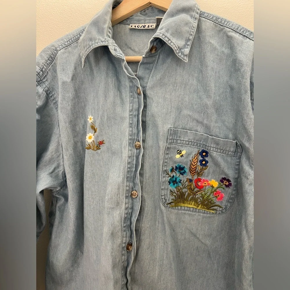 Embroidered Light Blue Denim Shirt - Women - Picture 3 of 7
